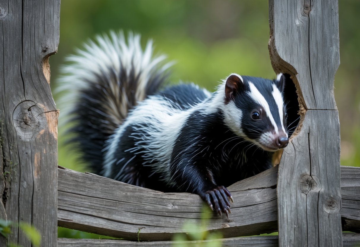 A skunk squeezing its body through a small hole in a wooden fence outdoors.