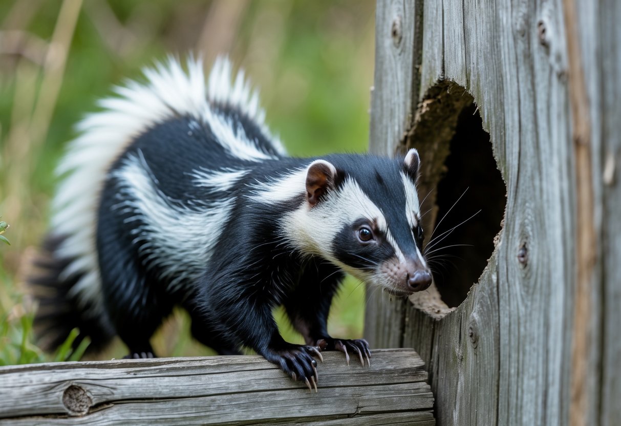 A skunk sniffing a small hole in a wooden fence outdoors.