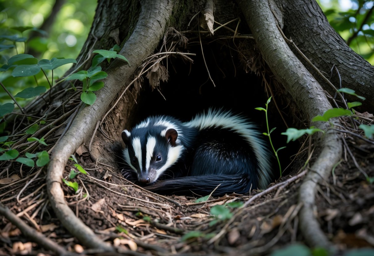 A skunk curled up sleeping inside a shaded burrow at the base of a tree in a forest during the day.