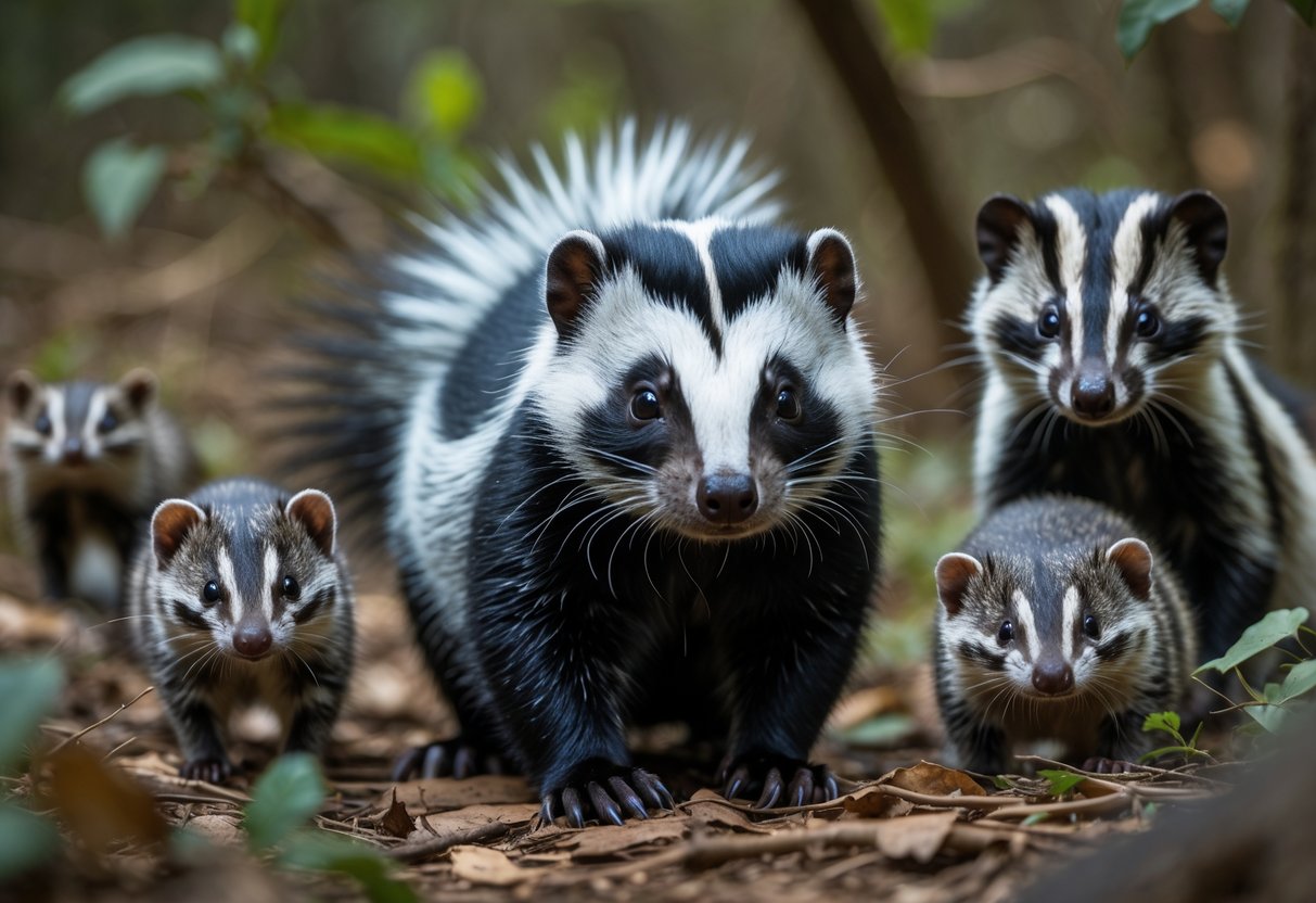 Close-up of a skunk with similar small mammals like polecats and civets in a forest setting.