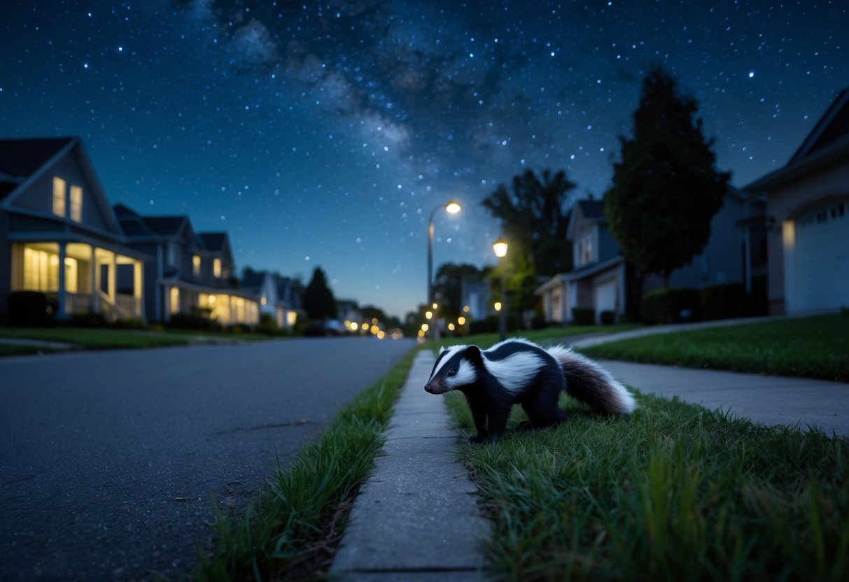 A skunk walking on a grassy lawn near a sidewalk in a quiet suburban neighborhood at night.
