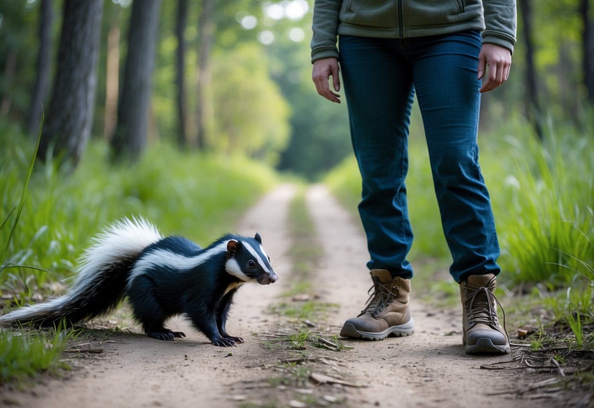 A person standing calmly at a safe distance from a skunk on a forest path surrounded by green grass and trees.