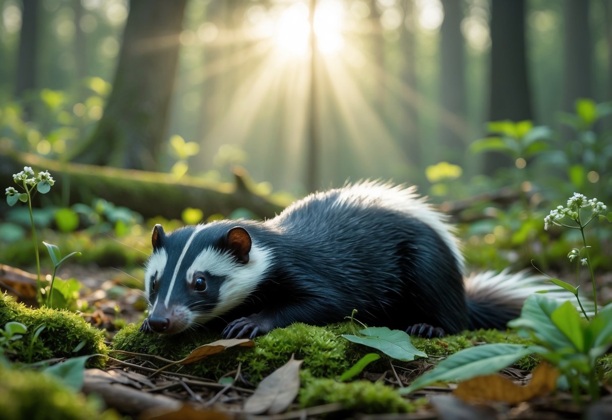 A skunk lying on its side on a forest floor surrounded by moss and leaves with sunlight filtering through trees.