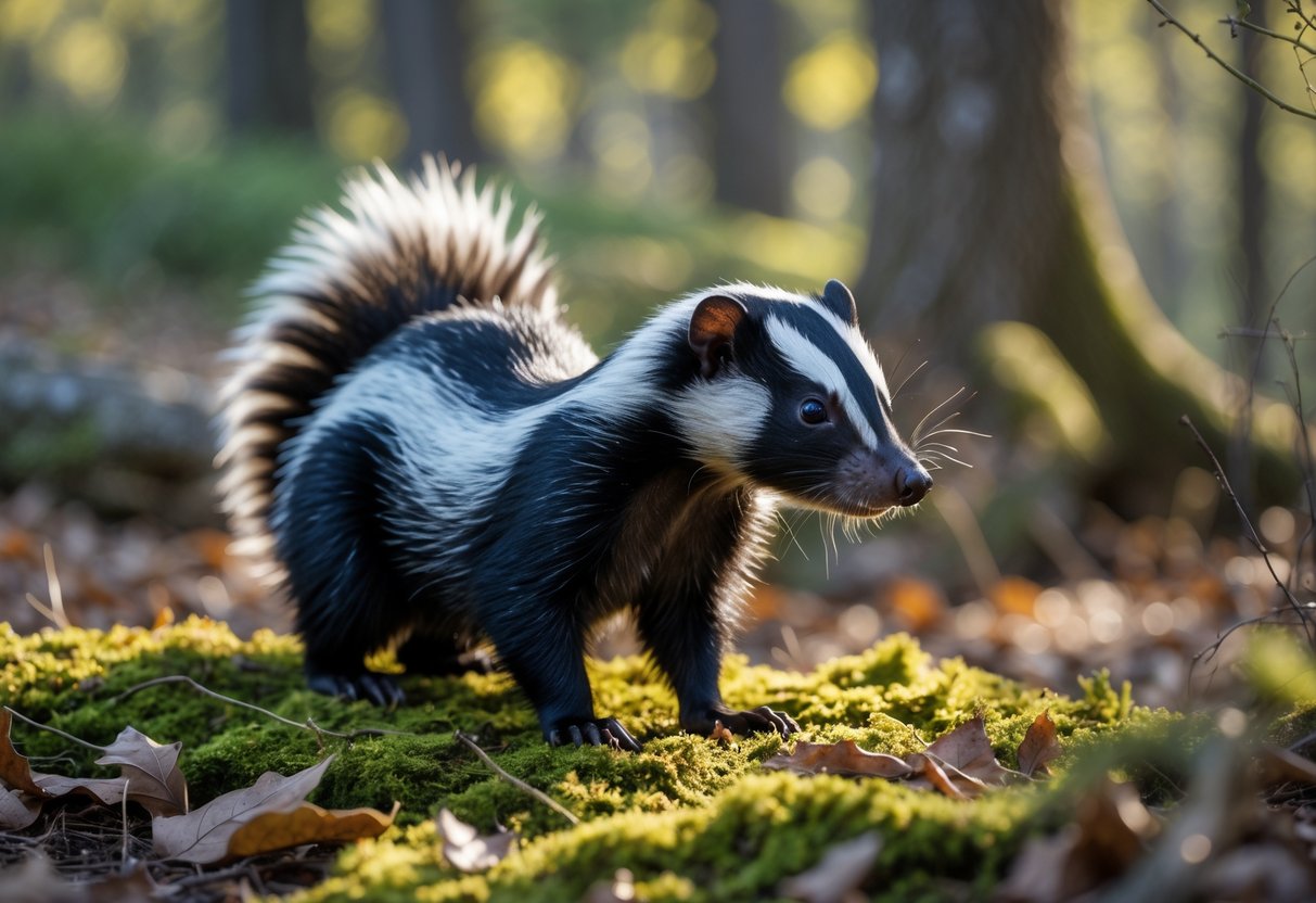 A skunk standing calmly on moss and leaves in a sunlit forest.