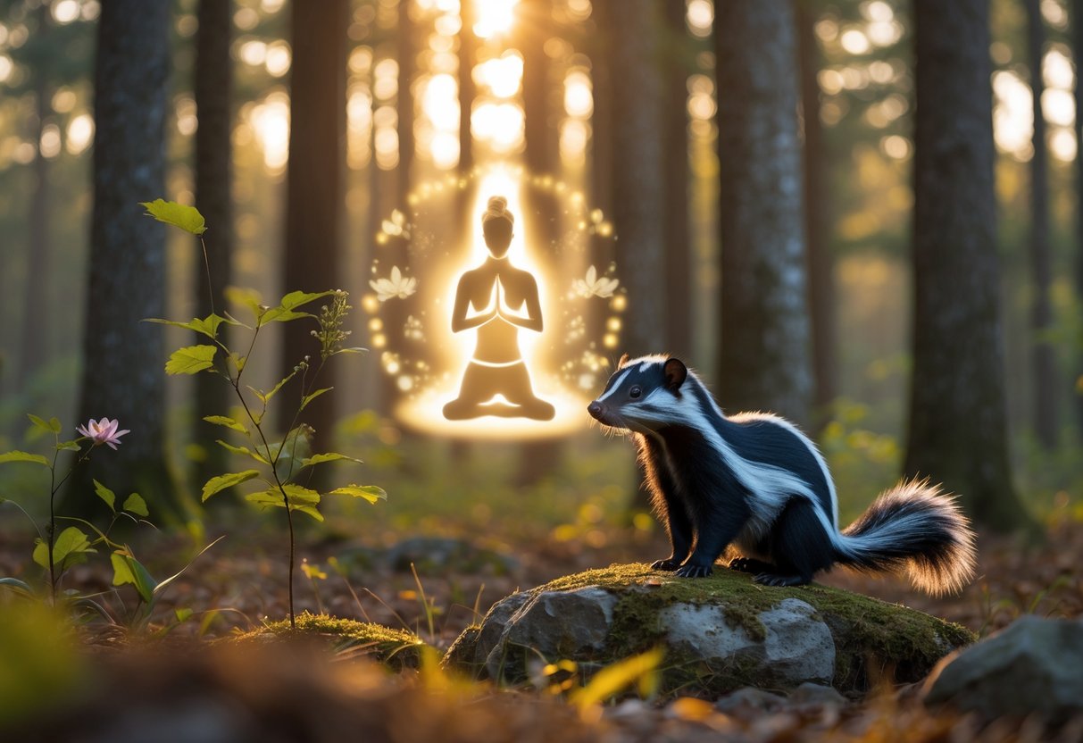 A skunk standing on a mossy rock in a sunlit forest clearing with a glowing, ethereal figure of a deity in the background.