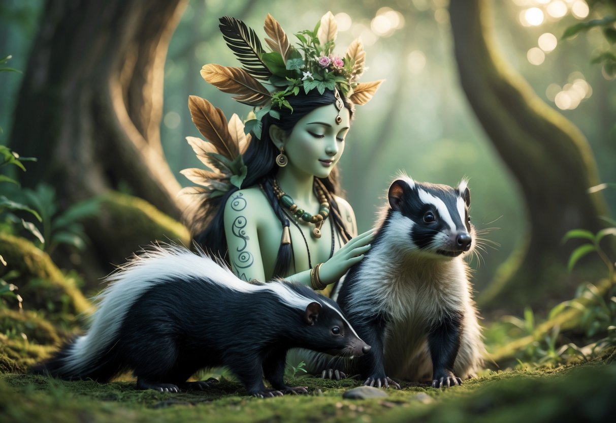 A spiritual figure gently holding a skunk in a glowing forest, symbolizing a sacred connection between the deity and the animal.