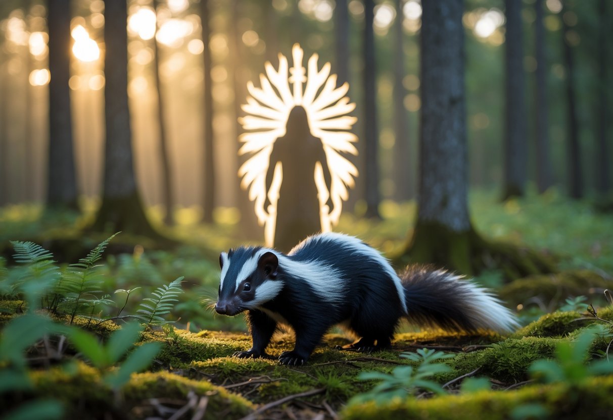 A skunk walking on a mossy forest floor with soft morning light and a faint glowing silhouette of a deity in the background.