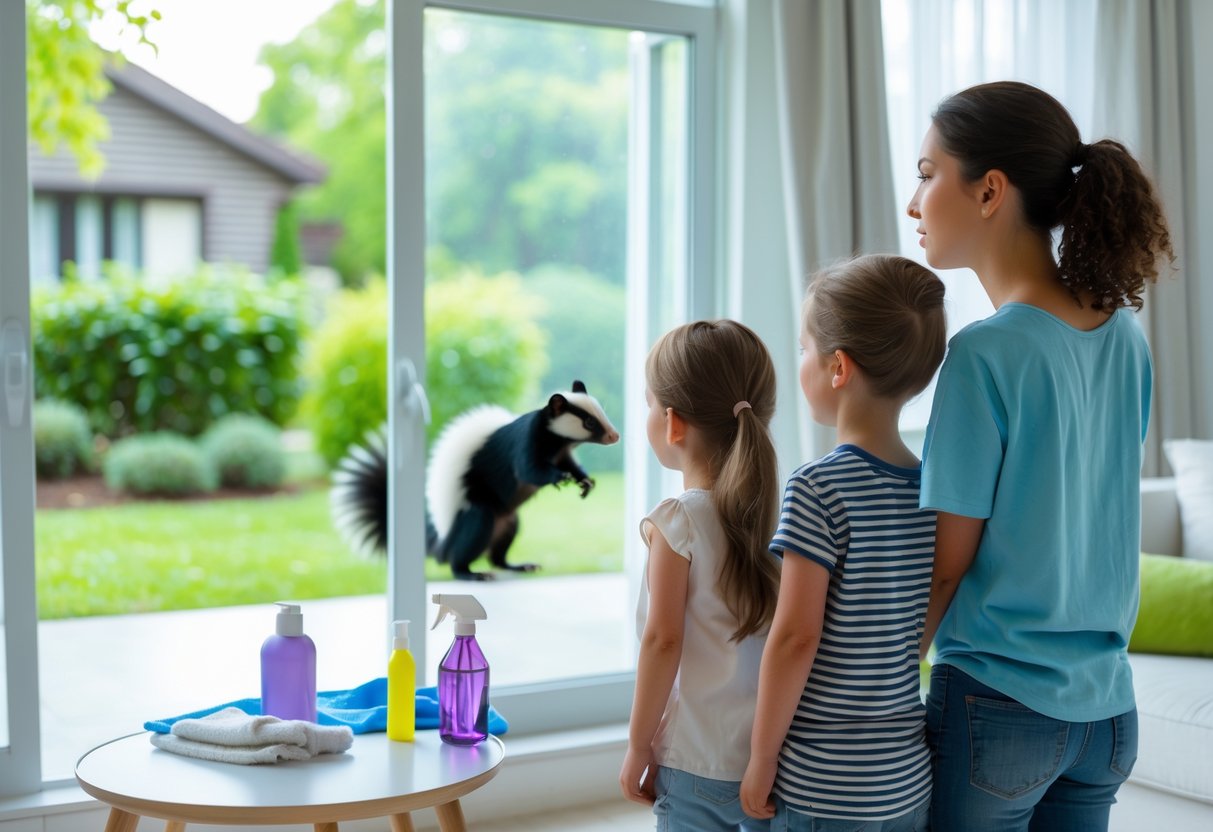 A family in a living room looking concerned while fresh air comes through an open window with a skunk visible outside.