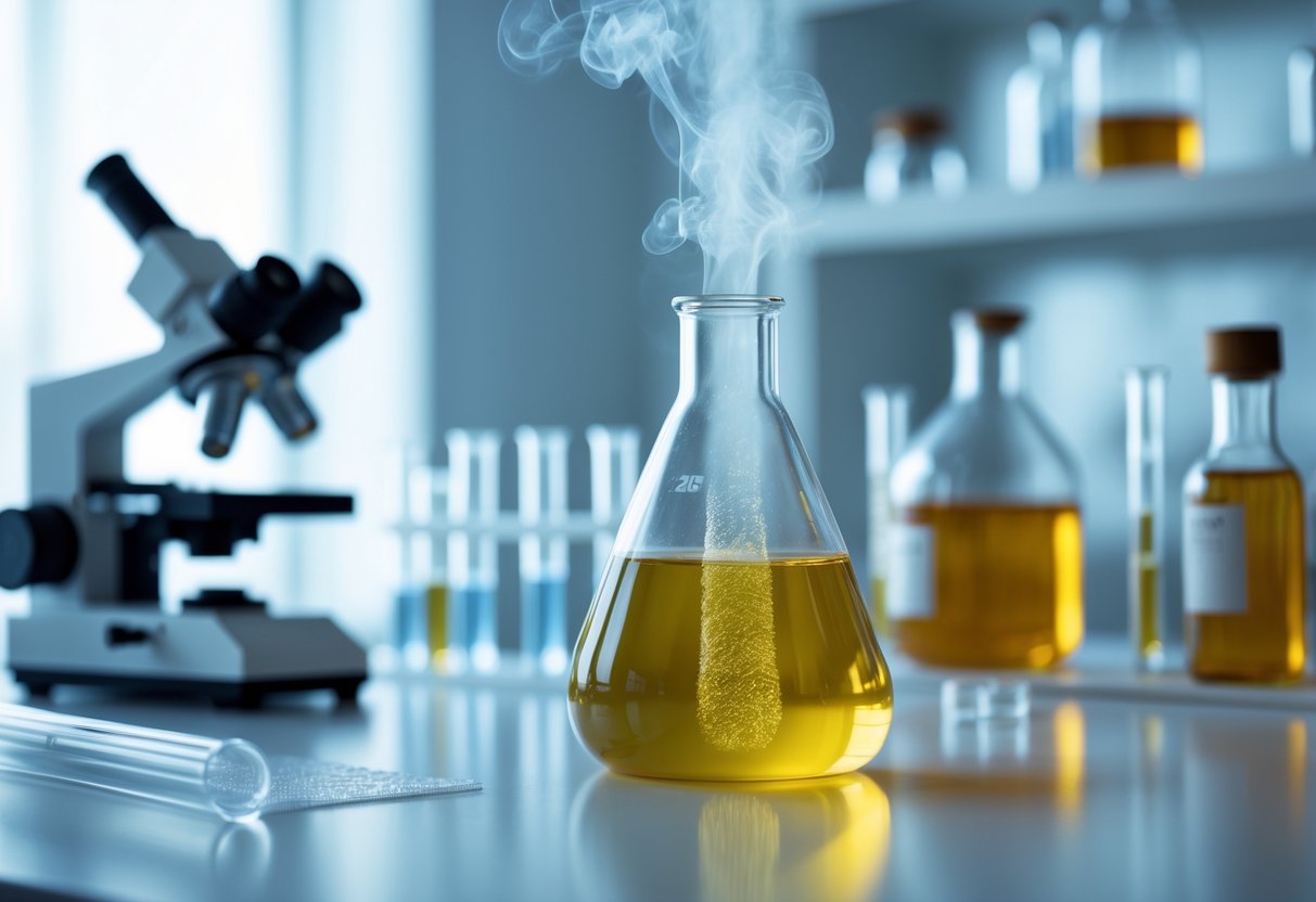 A laboratory flask with yellow liquid releasing vapor on a white lab bench surrounded by scientific equipment.