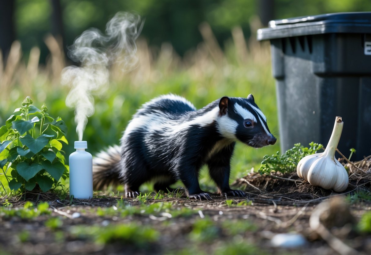 A skunk outdoors near wild garlic plants, a broken chemical bottle, and a trash bin with decaying matter.