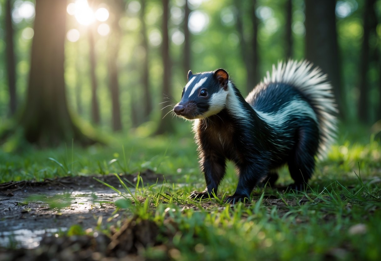 A skunk standing on grass in a forest with a small wet patch of ground nearby.