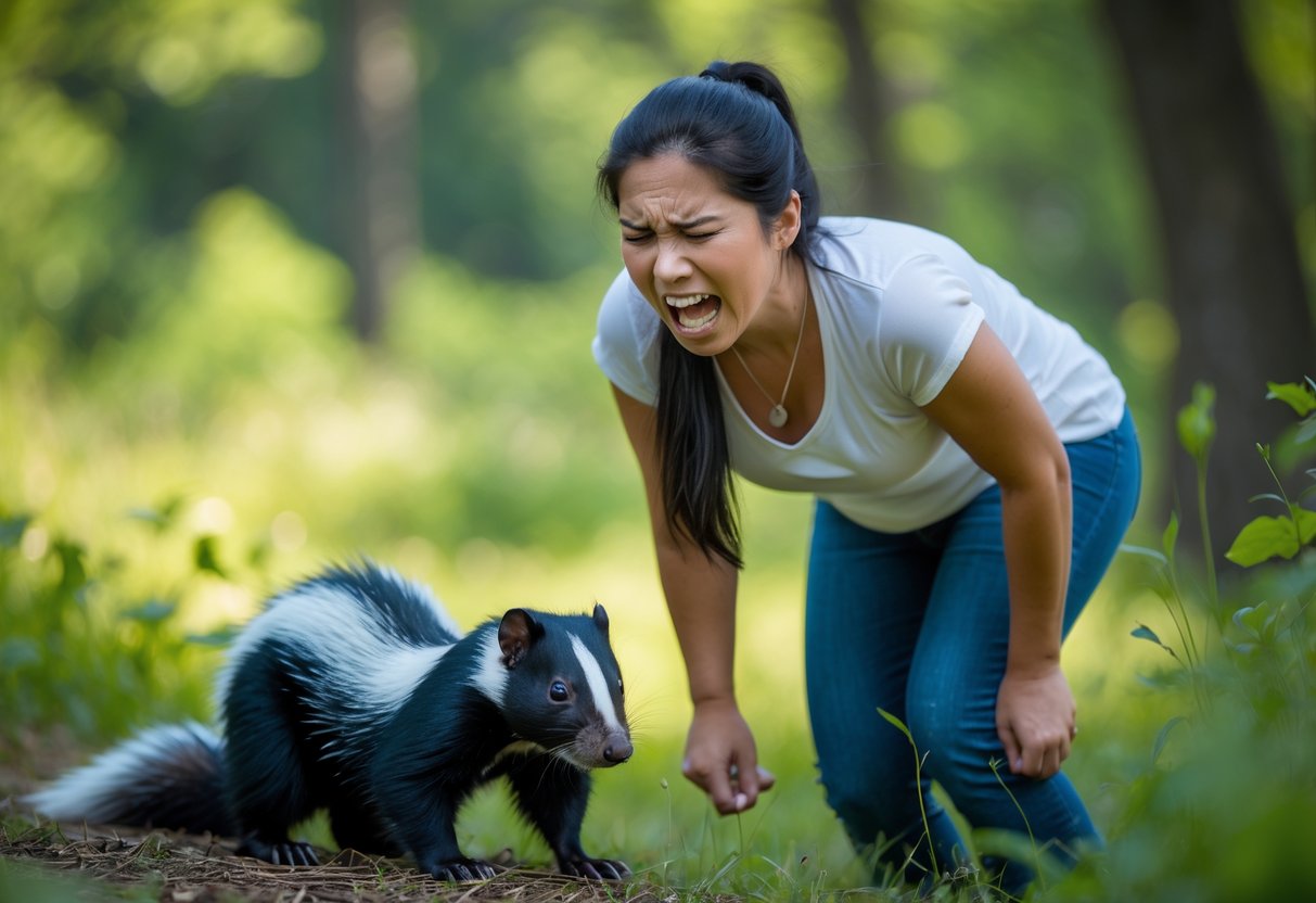 A person outdoors making a disgusted face and holding their nose while a skunk is nearby on the ground.