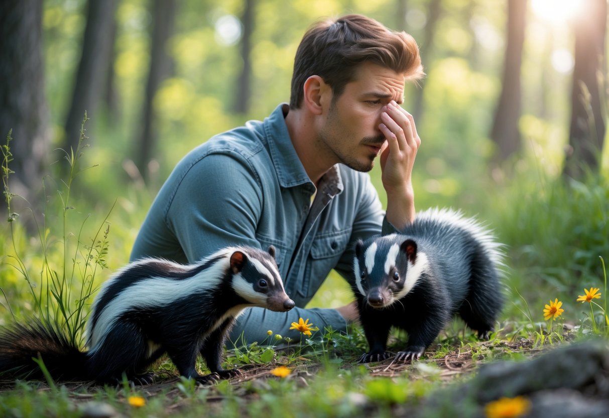 A young man outdoors holding his nose near a skunk in a forested area.