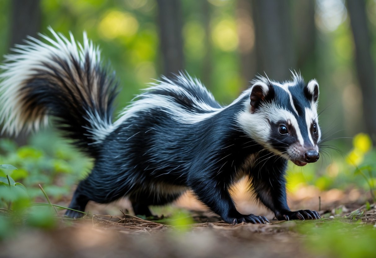 A skunk with raised tail charging forward in a forest setting.