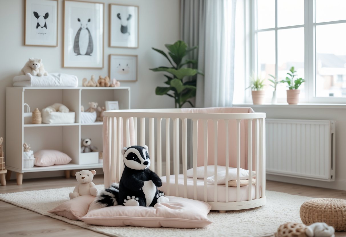A baby crib in a bright nursery with a skunk plush toy placed inside, surrounded by soft bedding and nursery decorations.