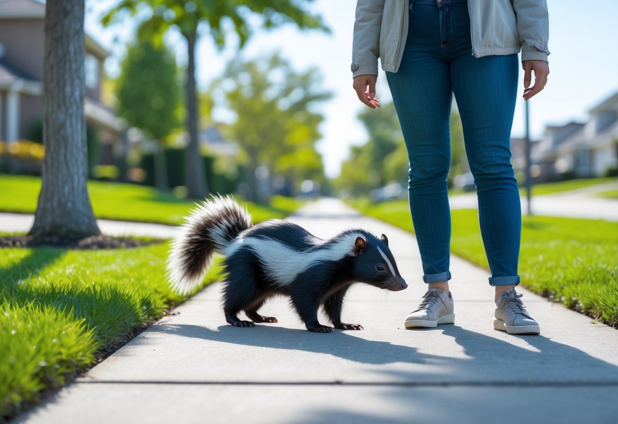 A person standing at a safe distance from a skunk on a suburban sidewalk surrounded by grass and trees.