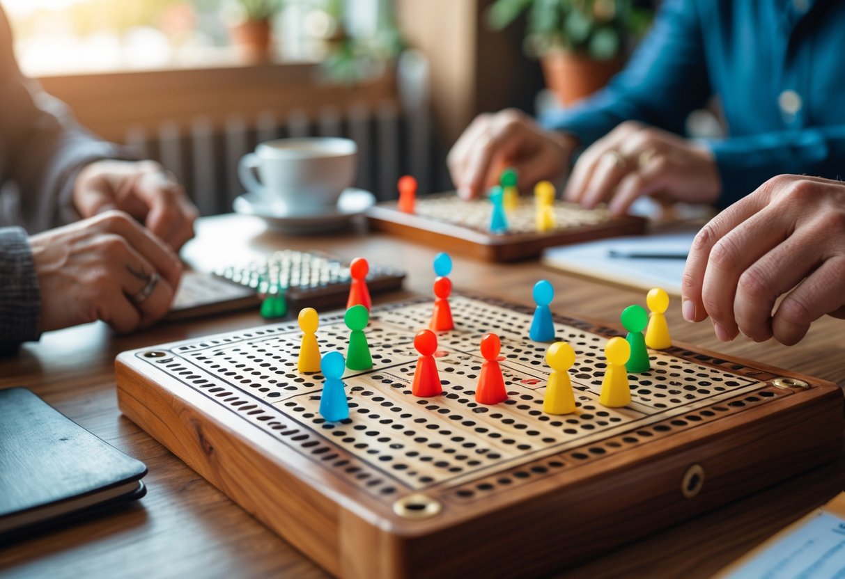 Two people playing cribbage with a wooden board and colorful pegs, one looking confident and the other surprised, at a wooden table in a cozy room.