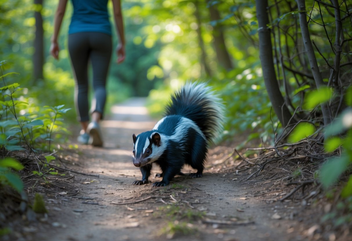 A person cautiously standing on a forest path with a skunk blocking the way.