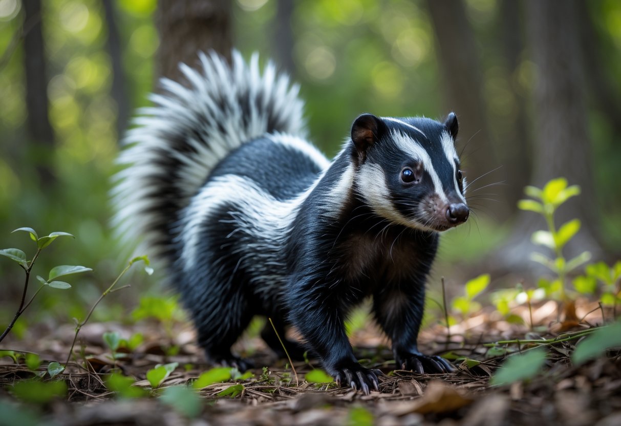A skunk standing on a leaf-covered forest floor with green plants and trees in the background.