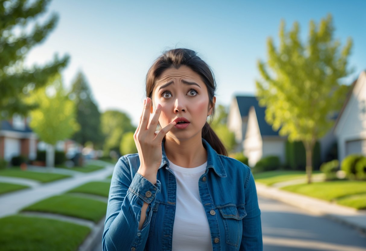 A young woman outdoors in a neighborhood sniffing the air with a confused expression.