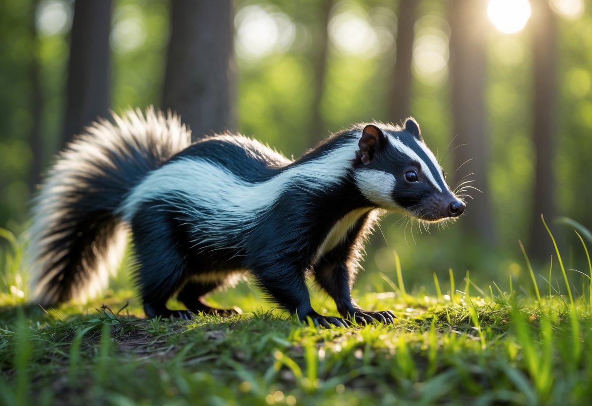 A skunk standing on grass in a forest with sunlight filtering through the trees.