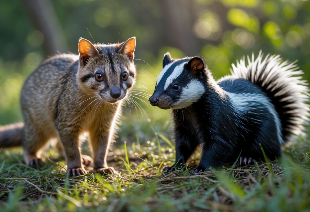 A polecat and a skunk facing each other on a grassy forest floor with green foliage in the background.