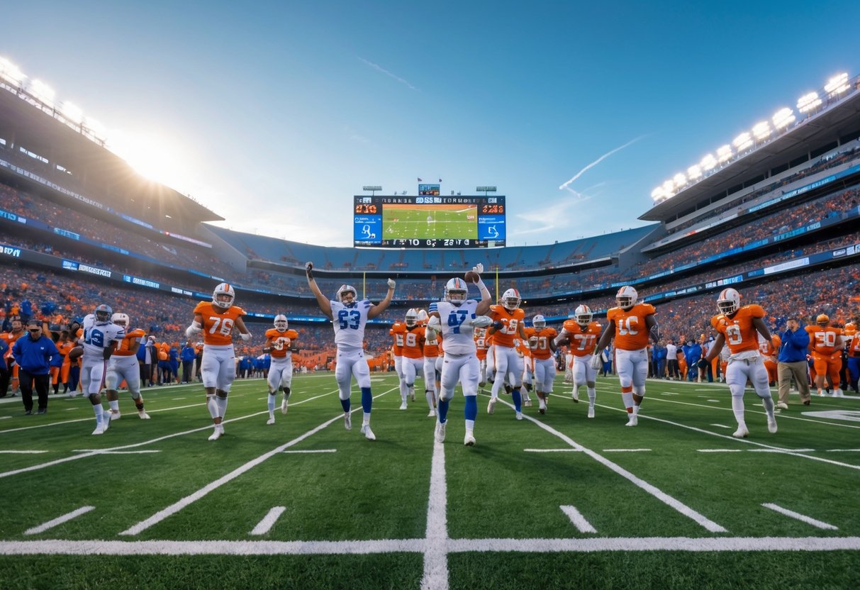 A football game showing one team celebrating a strong lead while the opposing team looks discouraged on the sidelines.