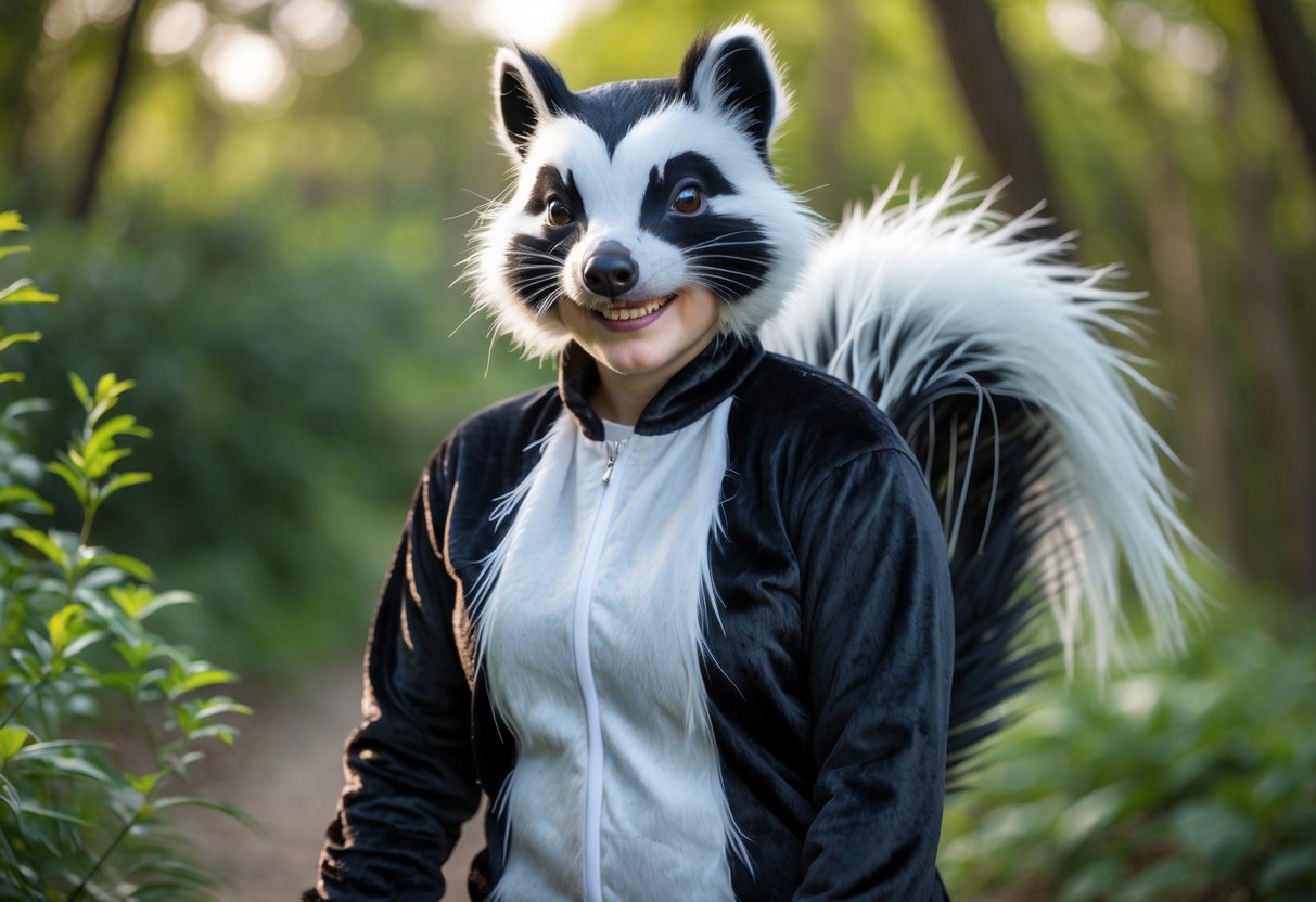 A person wearing a realistic skunk costume standing outdoors among green plants.