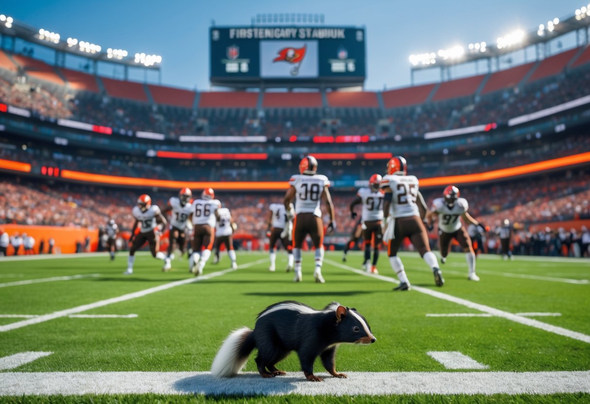American football game between the Cleveland Browns and Tampa Bay Buccaneers at FirstEnergy Stadium with players on the field and fans in the stands, featuring a small skunk near the sidelines.