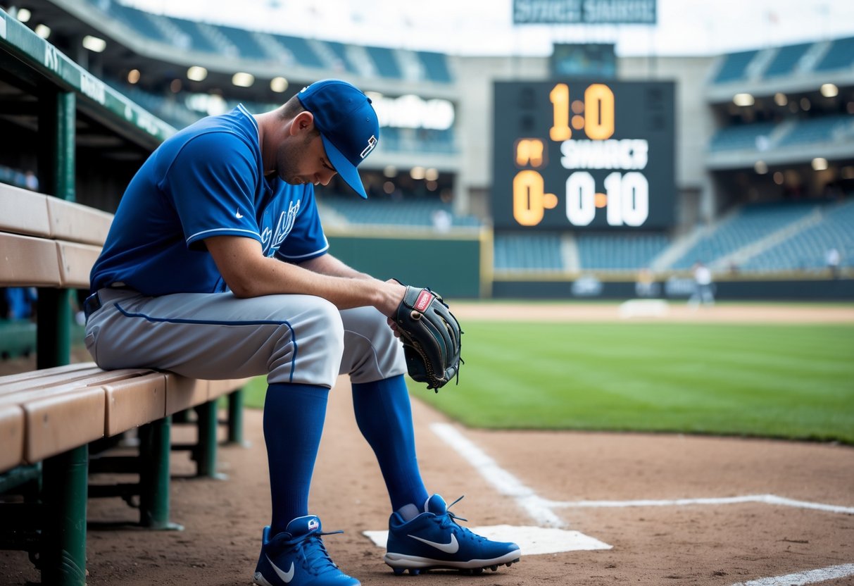 A baseball player sitting alone on a bench in a dugout looking disappointed, with a scoreboard showing a large losing score in the background.