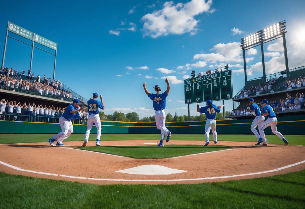 A baseball field showing one team celebrating a big win while the opposing team looks disappointed, with a scoreboard displaying a one-sided score.