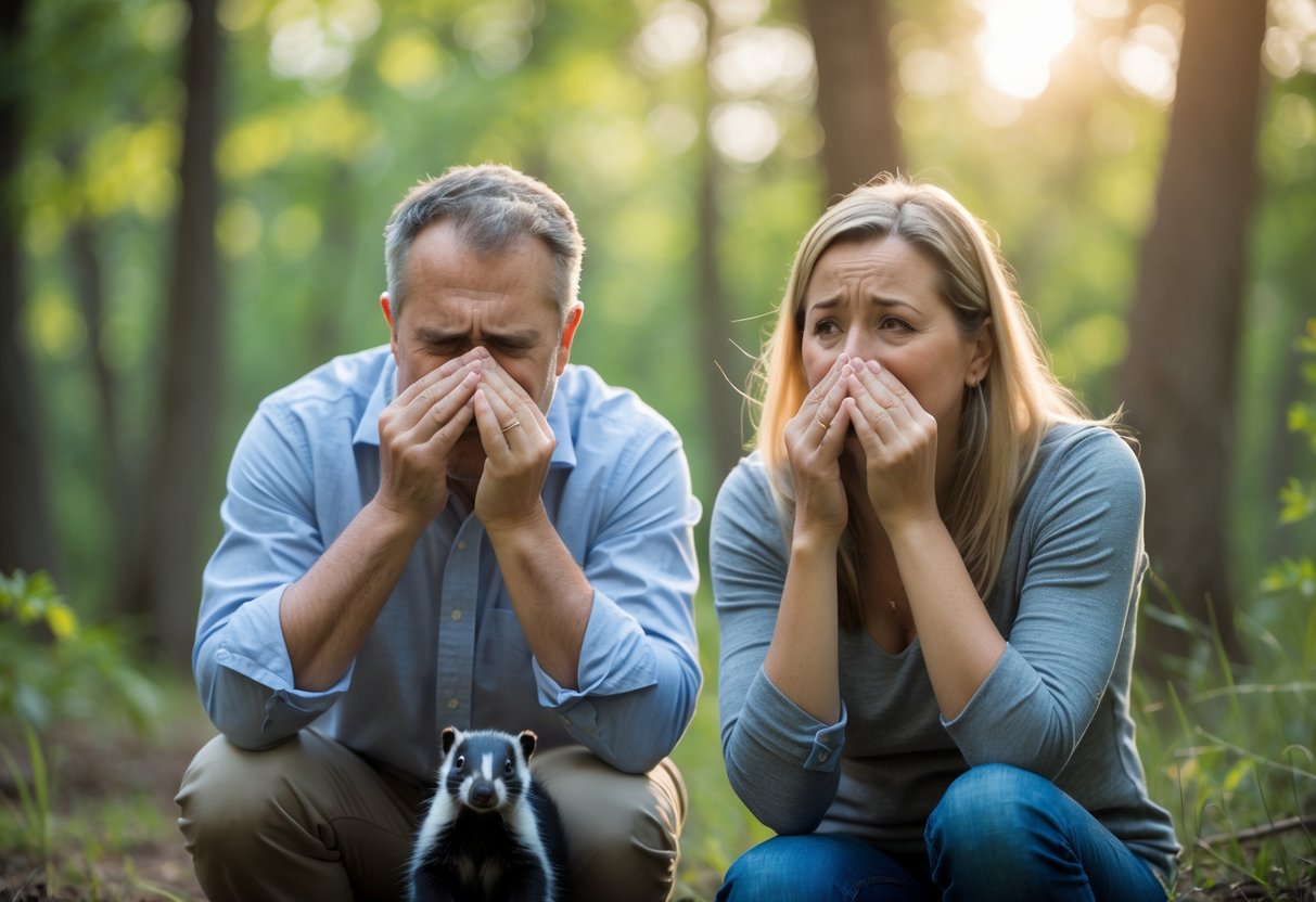 A man and woman outdoors holding their noses with expressions of discomfort near a small skunk in a forest.
