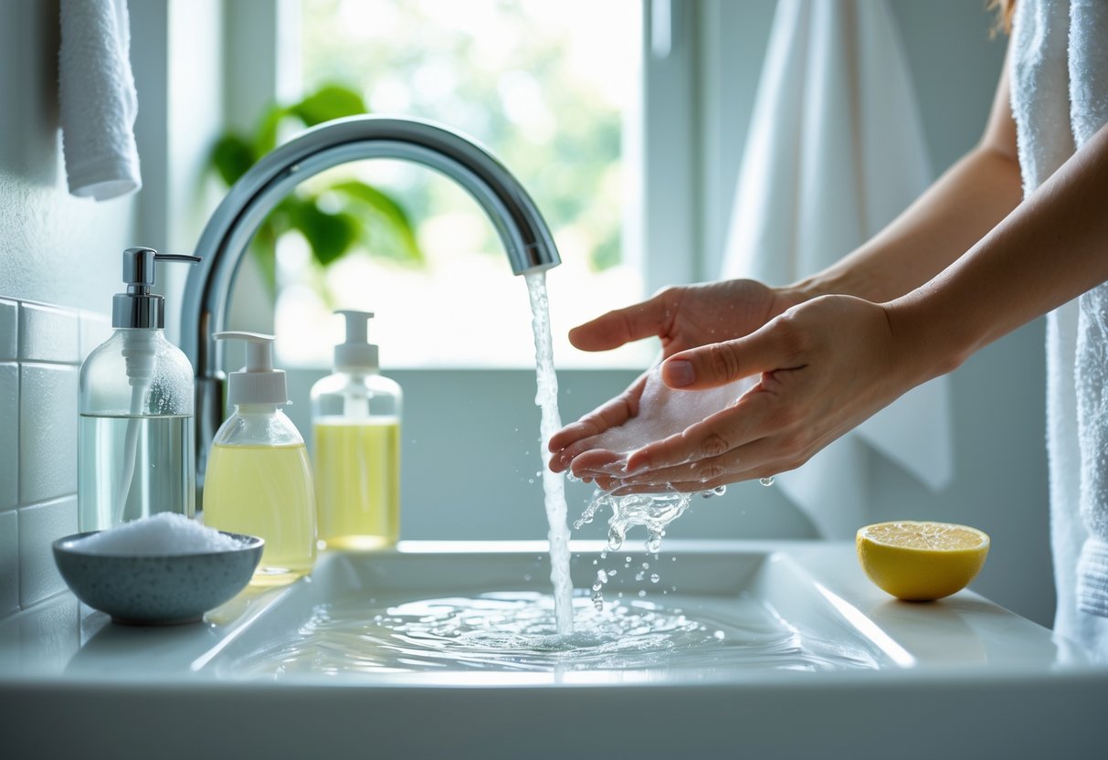 A person washing their face and hands at a bathroom sink with natural cleaning products and an open window in the background.