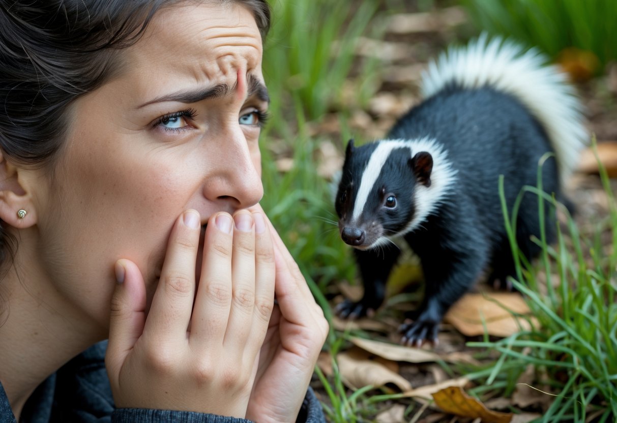 Person outdoors holding their nose near a skunk on the ground.