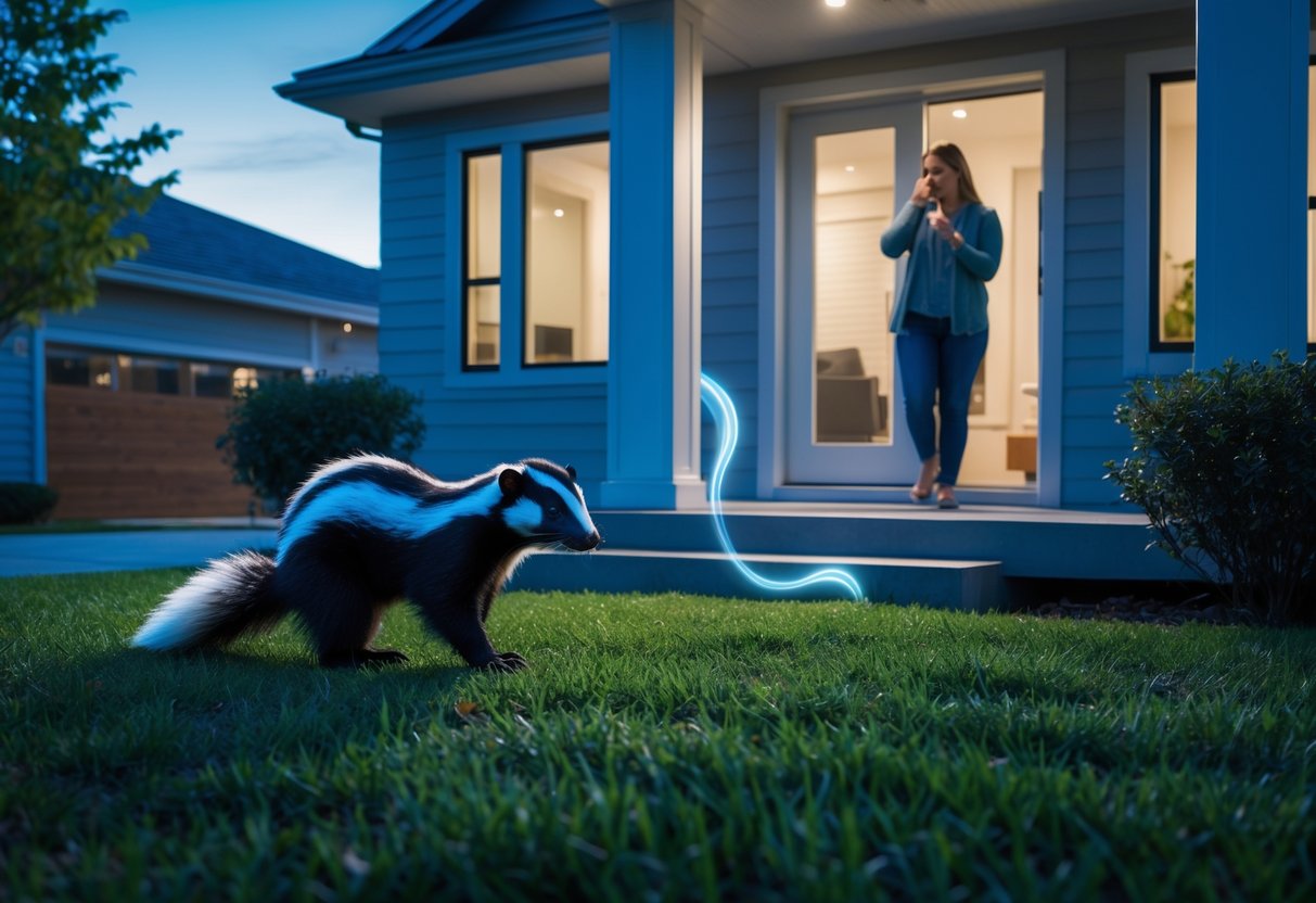 A skunk near the front porch of a house while a person inside holds their nose looking concerned.