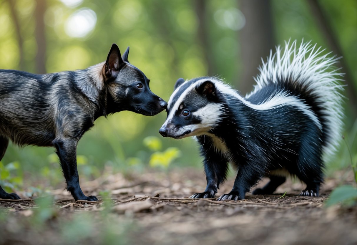 A dog cautiously sniffing a skunk in a green outdoor setting.