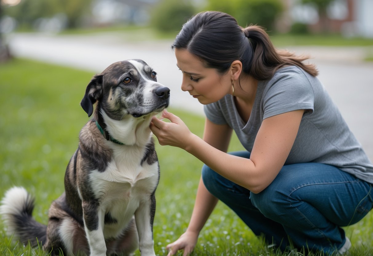 A person gently checking a dog for injuries outdoors after a skunk encounter.