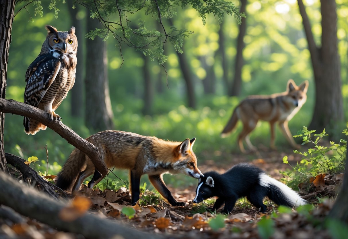 A forest scene showing an owl on a branch, a fox near a skunk on the ground, and a coyote walking through the underbrush.