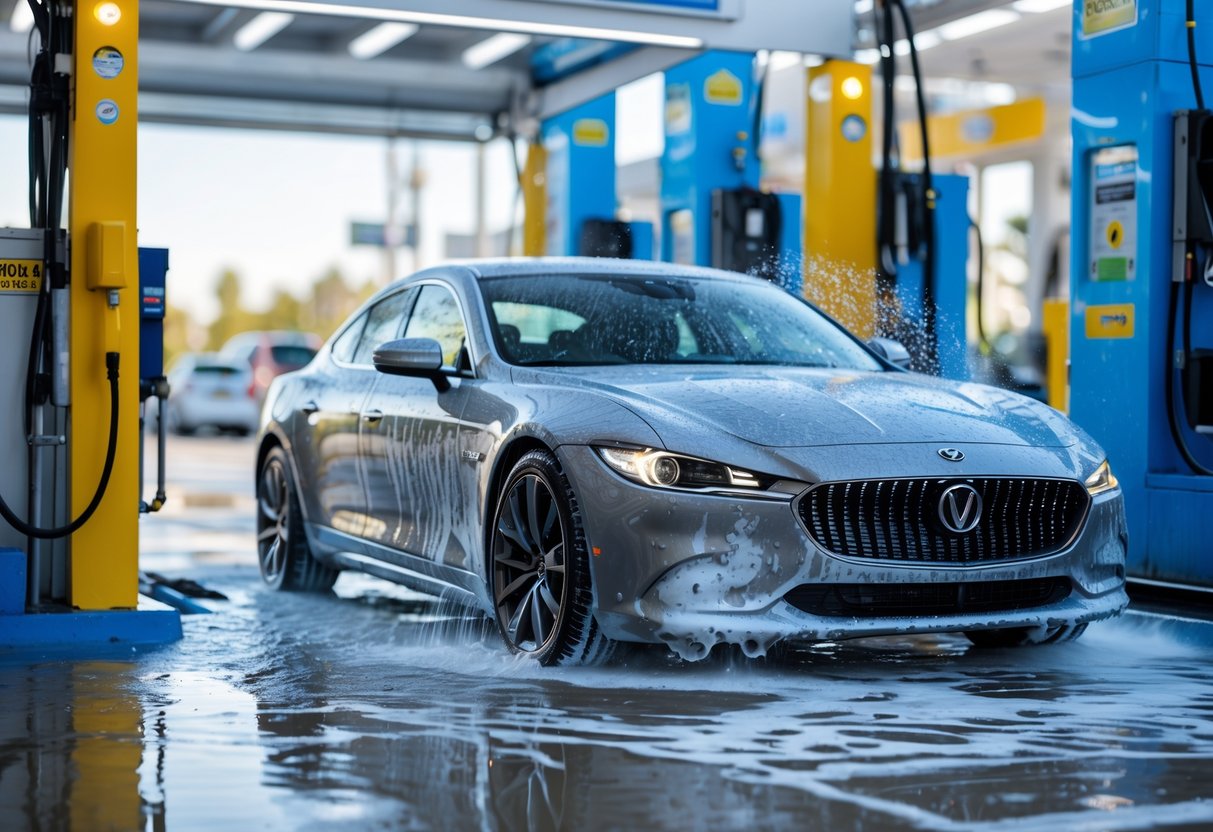 A car covered in soap suds being washed at an automatic car wash station.