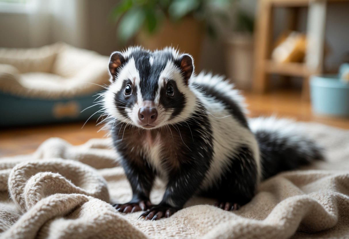 A pet skunk sitting calmly on a blanket in a cozy indoor setting with pet toys and a water bowl nearby.