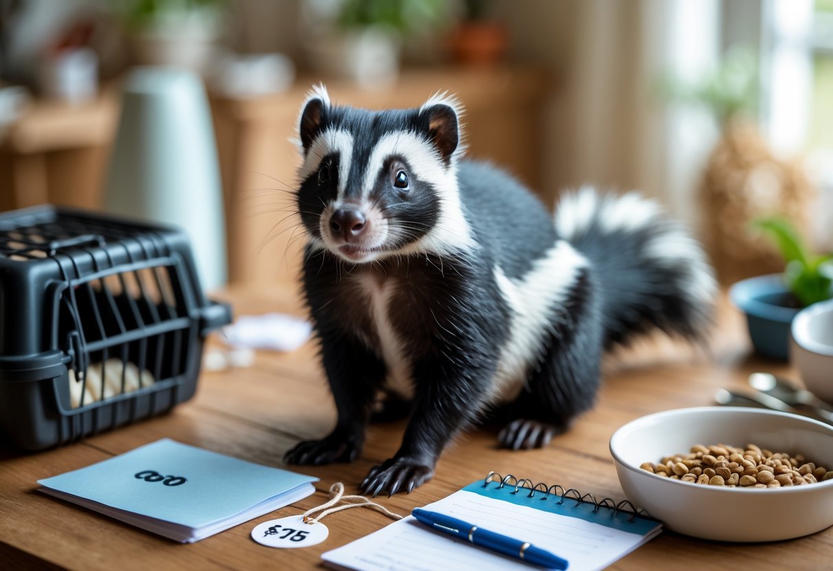 A pet skunk sitting on a wooden table indoors surrounded by pet care items and a price tag.