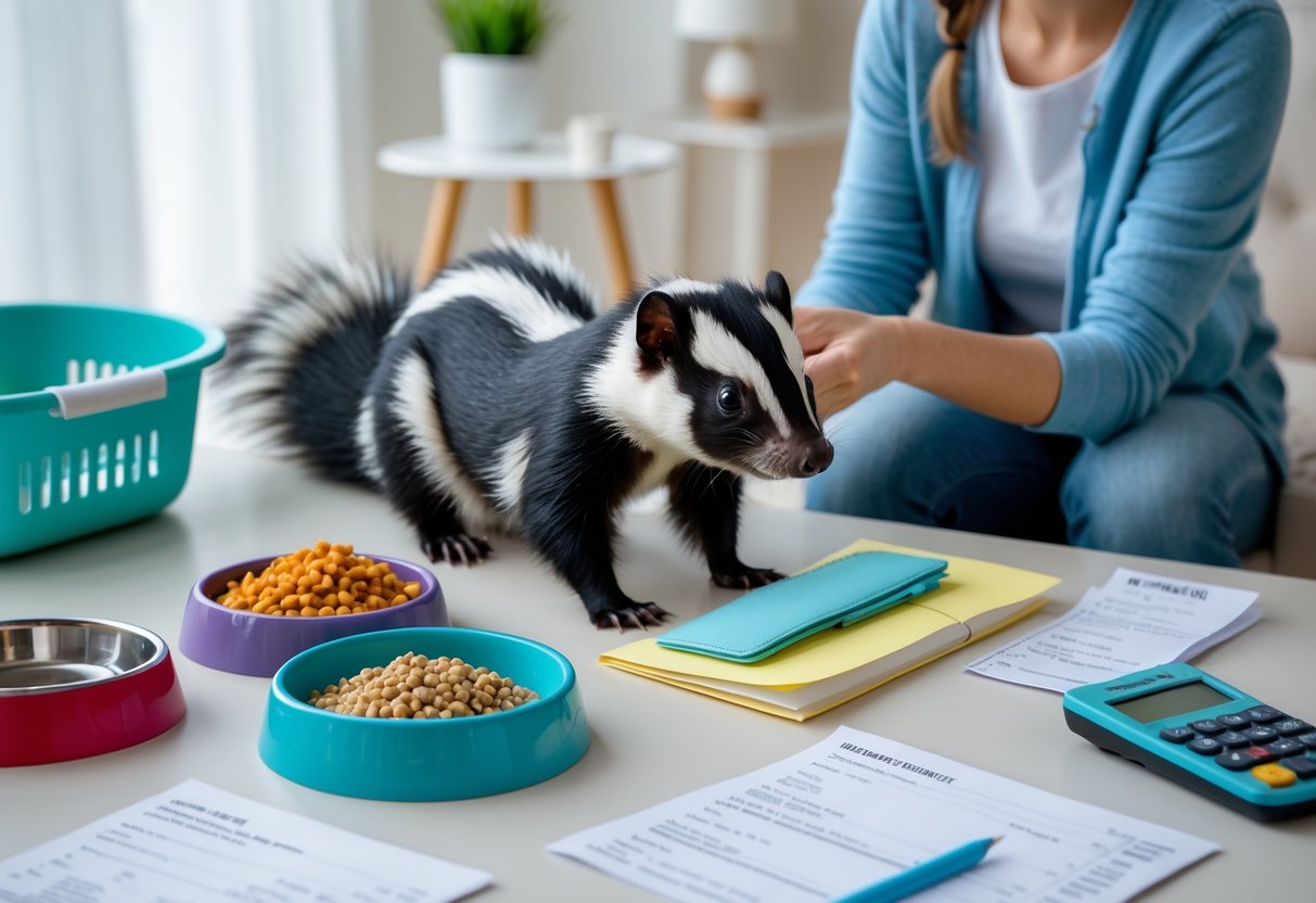 A person gently holding a pet skunk indoors with pet care items and budgeting materials on a table nearby.