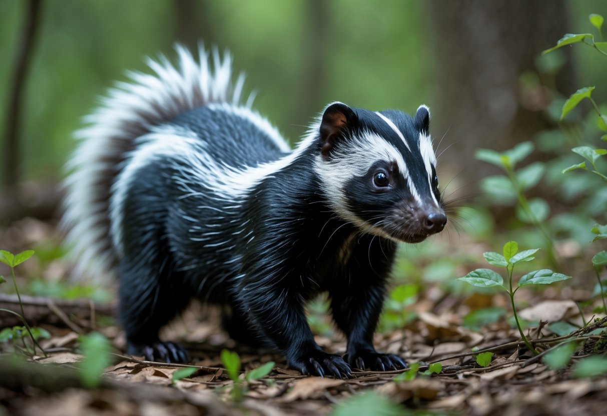 A skunk standing on a forest floor with green plants in the background.