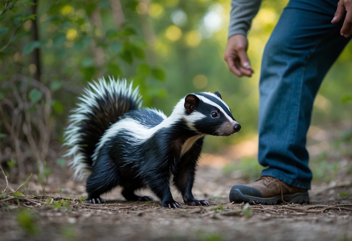 A person cautiously backing away from a skunk in a wooded outdoor area.