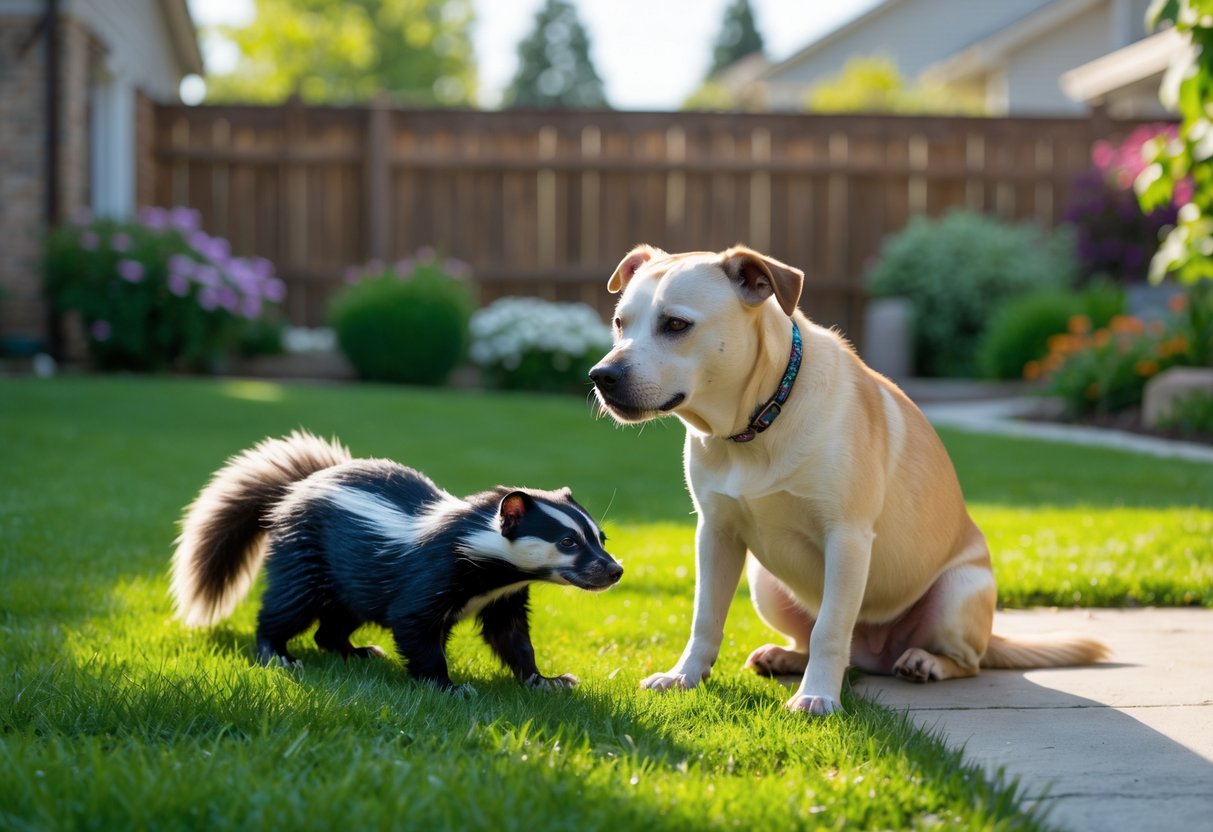 A dog sitting in a backyard looking uncomfortable while a skunk walks away nearby.