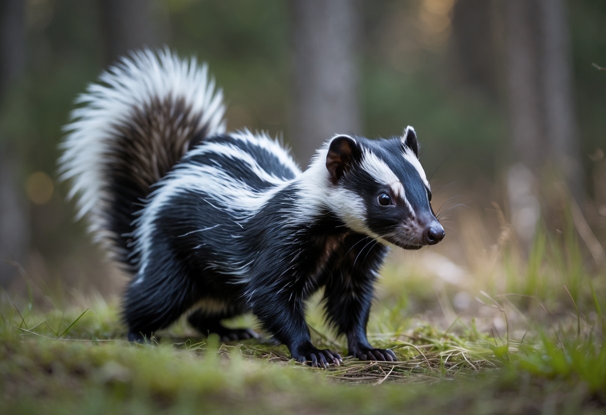A skunk standing on grass with its tail raised in a defensive posture in a forested area.