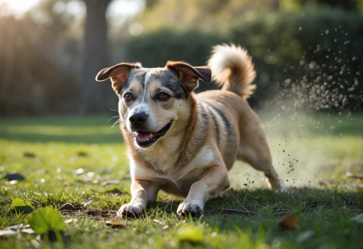 A dog rolling playfully on the grass in a sunny outdoor setting.