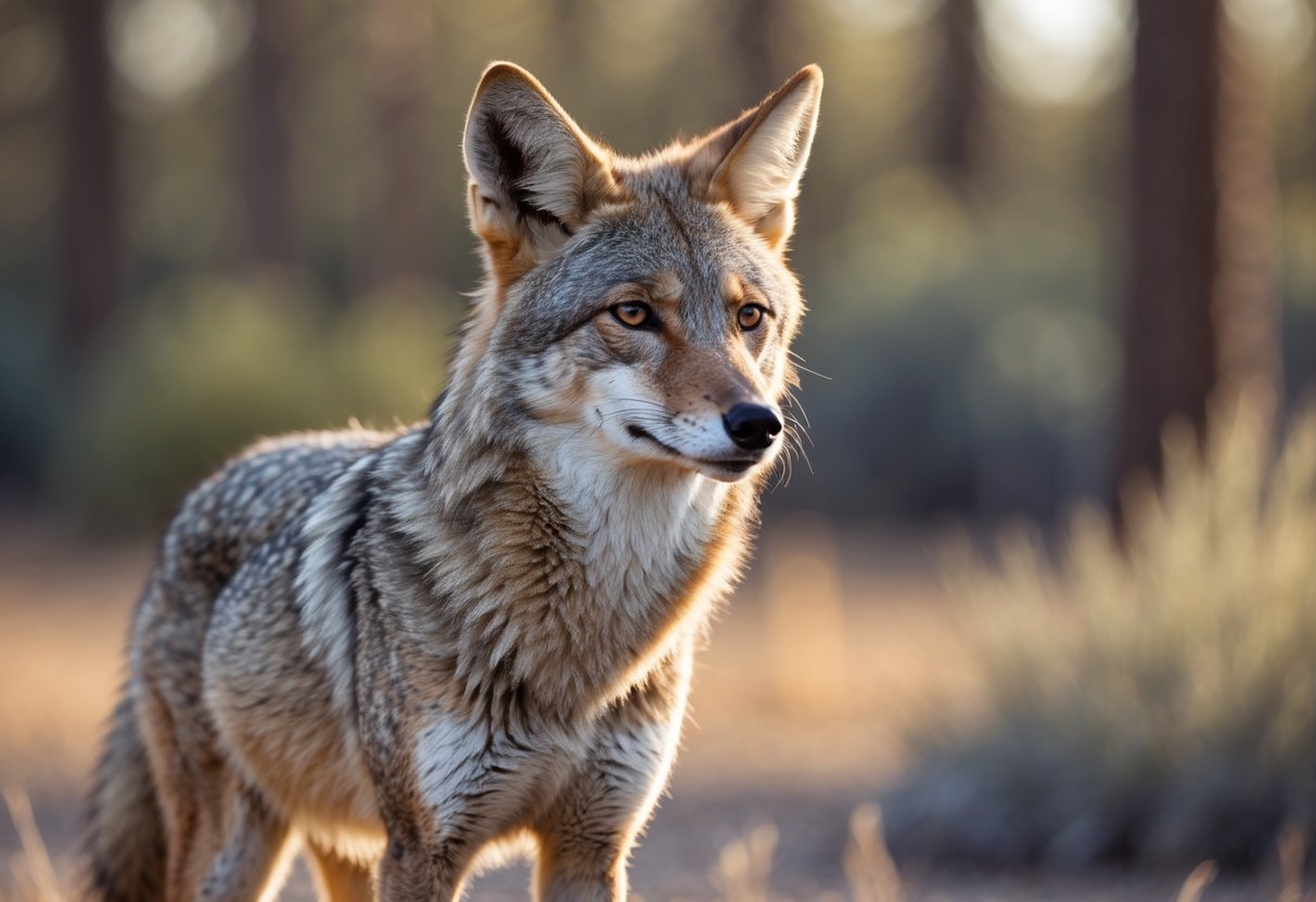 Close-up of a coyote standing in a natural outdoor environment with trees and soft sunlight.