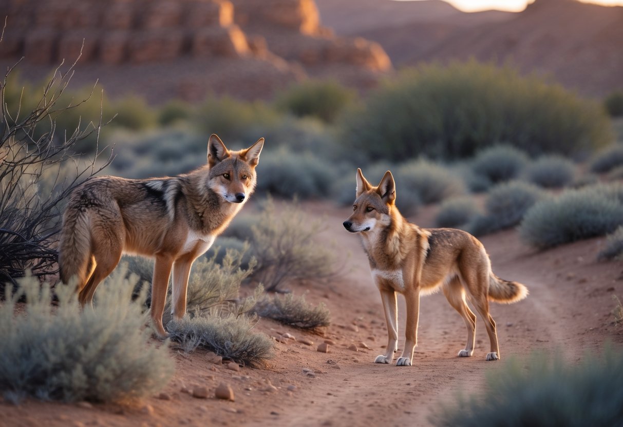 A coyote cautiously watches a nearby dog in a natural outdoor setting with desert vegetation and rocky terrain.