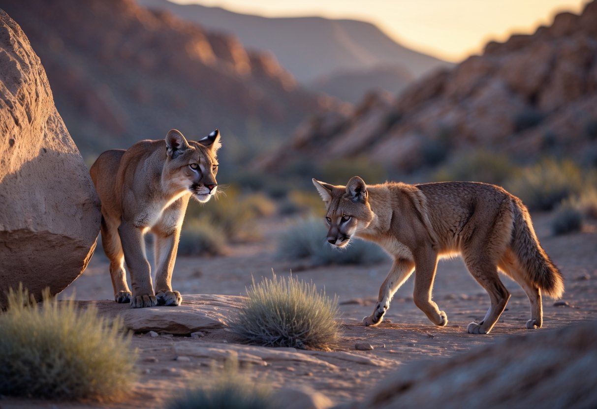 A mountain lion stalking a cautious coyote in a rocky desert landscape at sunset.